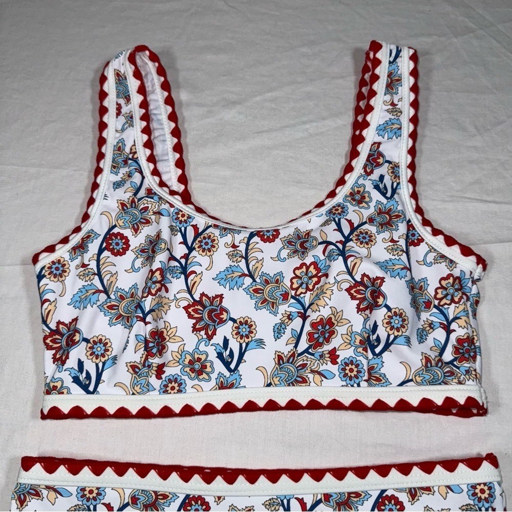 Floral Paisley Ric-Rac Trim High Waisted Bikini Set XS Red White Blue Swimsuit - Picture 3 of 8